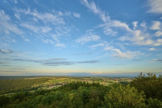 Panoramic view of a wide, green landscape under a blue sky, Katzenbuckel, Waldbrunn,
