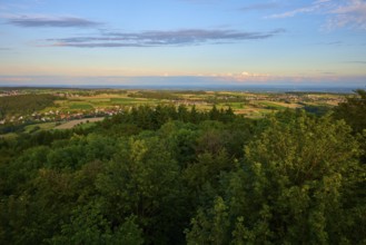 View over wooded hills and fields at sunrise, Katzenbuckel, Waldbrunn, Neckar-Odenwald-Kreis,