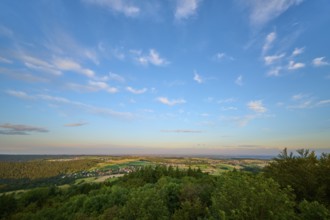 Vast landscape under a blue sky with scattered clouds, Katzenbuckel, Waldbrunn,