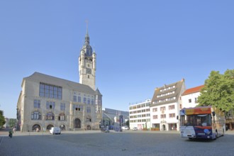 Town hall built in 1901 and omnibus, town hall square, tower, Dessau, Dessau-Roßlau, Saxony-Anhalt,