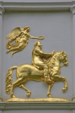 Relief with golden horseman of the Swedish King Gustav II Adolf, equestrian figure, angel, Sweden,