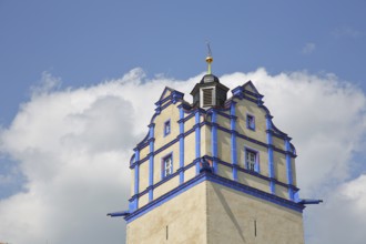 Blue tower, spire, detail, white, clouds, castle, Bernburg, Saxony-Anhalt, Germany