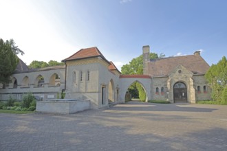 Cemetery III with archway, Waldau, Bernburg, Saxony-Anhalt, Germany