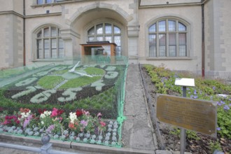 Flower clock made of blooming flower-bed with flower bed, clock face, garden art, information board