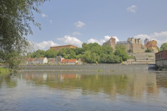 View of Carolinum Castle and Gymnasium with river Saale, Saale Valley, Renaissance, Landmark,