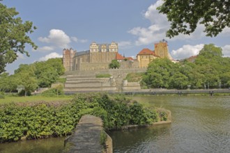 View of castle with river Saale, Renaissance, landmark, Saale valley, Bernburg, Saxony-Anhalt,