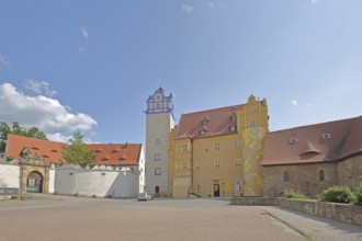Renaissance castle with museum and Blue Tower, inner courtyard with archway, Bernburg,