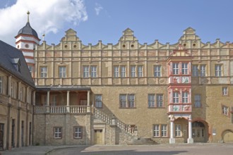 Wolfgangbau of the Renaissance castle, inner courtyard, ornaments, oriel, tail gable, Bernburg,