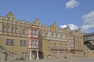 Wolfgangbau and Joachim Ernst building in the inner courtyard of the Renaissance castle, ornaments,
