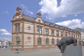 Historic post office and post office fountain with bear figure catching fish, sculpture, fountain,
