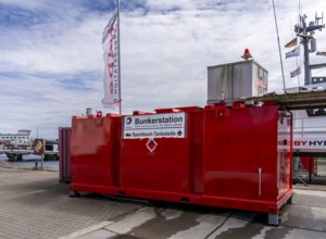 Sports boat petrol station in the town harbour of Sassnitz, Rügen, Mecklenburg-Vorpommern, Germany