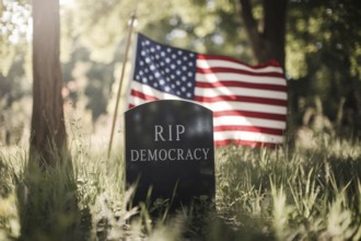 Tombstone with text RIP Democracy and USA flag in background.. Generative AI, AI generated