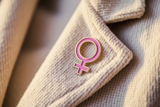 Pink female gender symbol pin attached to jacket, symbol of feminism and identity. Generative ai,