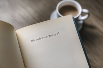 Close up of page of a novel book with text saying 'This book was written by AI'. Generative Ai, AI