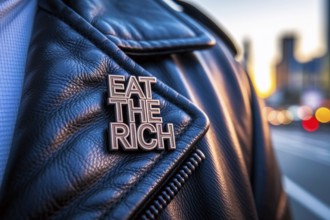 Political protest pin with eat the rich slogan attached to leather jacket symbolizing class