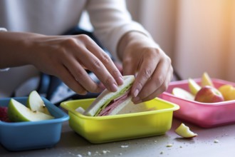 Preparing school lunchboxes: woman's hands packing fruits and sandwiches for children. Generative