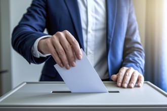 Person casting vote by placing folded ballot paper into voting box during election. Generative AI,