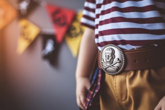 Close up of boy wearing pirate costume with detailed buckle for Halloween celebration. Generative