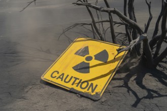 Faded radiation warning sign in scorched earth. Symbol of catastrophe and nuclear ruin. Generative