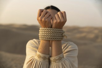 Bound hands in the desert. A cinematic portrait of restraint and resilience beneath a hazy sky.
