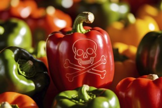 Skull Warning symbol carved into bell pepper reveals the hidden danger of pesticide exposure or