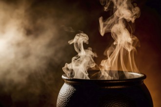 Witch cauldron with white smoke rising in dim light on dark background. Generative Ai, AI generated