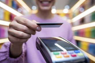 Woman tapping credit or debit card on payment terminal. Contactless transaction in store.
