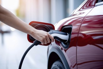 Person plugging electric car charger into red e-car. Eco-friendly transportation concept.