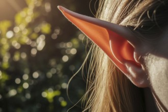 Close up of realistic long elf ear. Fantasy costume detail concept. Generative Ai, AI generated