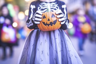 Girl child in skeleton costume with tulle skirt holding pumpkin candy bucket. Concept of Halloween