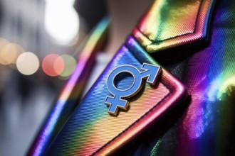 Genderfluid symbol pins on colorful jacket in warm city light. Concept of identity, inclusivity,