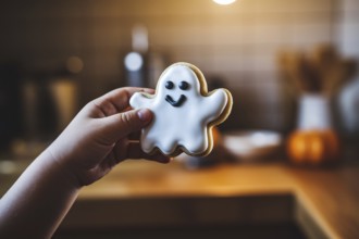 Close up of child's hand holding ghost-shaped Halloween cookie with white icing and smiling face in