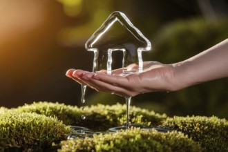 Hand holding melting ice sculpture of small house over green moss, symbolizing climate change and