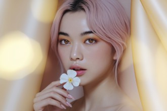 Asian woman with pink hair with flawless skin holding white blossom. Elegant beauty portrait with