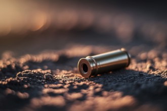 Single ammunition casing on ground. Spent bullet shell detail in outdoor setting. Generative ai, AI