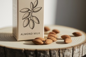 Close up of beige almond milk carton with almond branch illustration on wooden board warm natural
