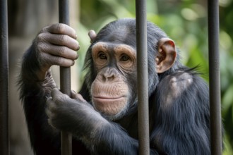 A sad chimpanzee sits behind bars in a zoo enclosure reflecting captivity and animal welfare concer