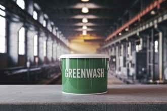 A green paint bucket labeled Greenwahs contrasts with the gritty industrial factory background to
