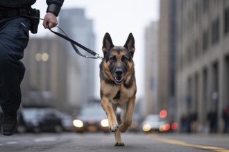 German Shepherd police dog on leash in sprint. Action-packed side view capturing strength, focus,