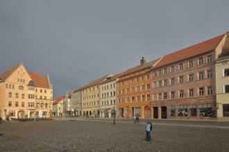 Historic houses on the market square with mood lighting, Cranach-Hof, Cranachhof, Cranach-Höfe,