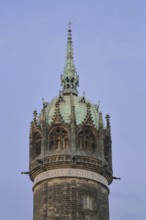 Tower of the Gothic castle church, UNESCO, castle, church tower with inscription, Luther city