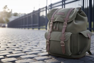 Large backpack lying on empty road, symbolizing journey or travel. Generative ai, AI generated