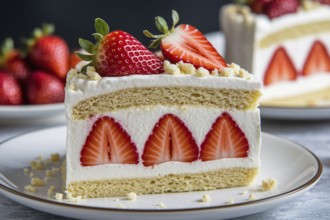 Slice of tasty strawberry fruit shortcake on white plate. Generative AI, AI generated