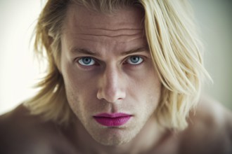 Caucasian blond man with doubtful look wearing pink lipstick. Generative Ai, AI generated