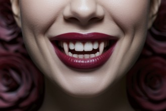 Close up of woman's mouth with burgundy red lipstick and long vampire fangs. Generative Ai, AI