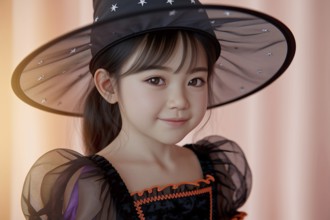 Asian girl child in halloween witch costume with hat and dress. Generative AI, AI generated