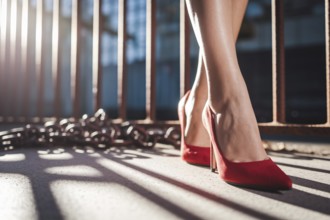 Close up of woman's confident stride in red high heels breaks metal chains, symbolizing female