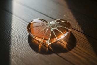 Shattered glass heart on wooden floor. A poignant symbol of love, loss, and emotional vulnerability