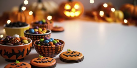 Banner with warmly lit Halloween tabletop with cookies and candy. Autumn leaves and pumpkins create