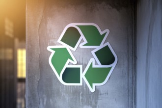 A green recycling symbol sticker on a weathered gray concrete wall. Warm sunlight highlights the